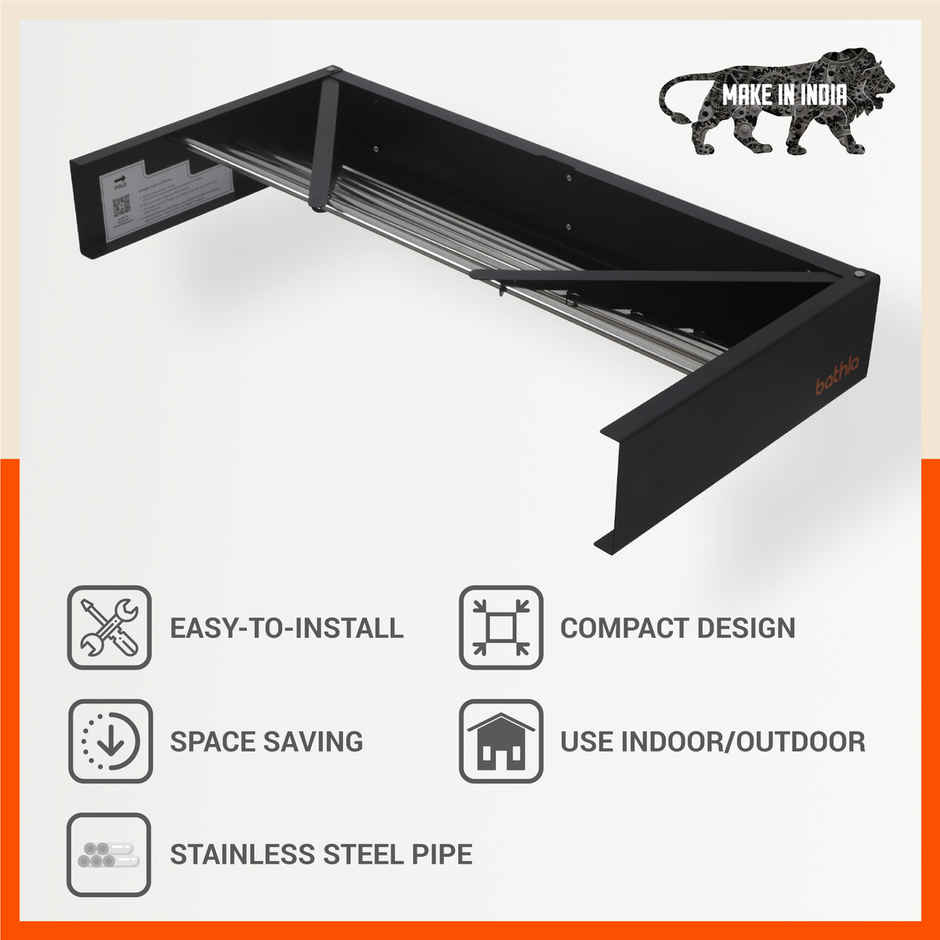 Bathla Wall Mounted Clothes Drying Rack | 3.5 m, 5 Steel Rods | Eze | Black