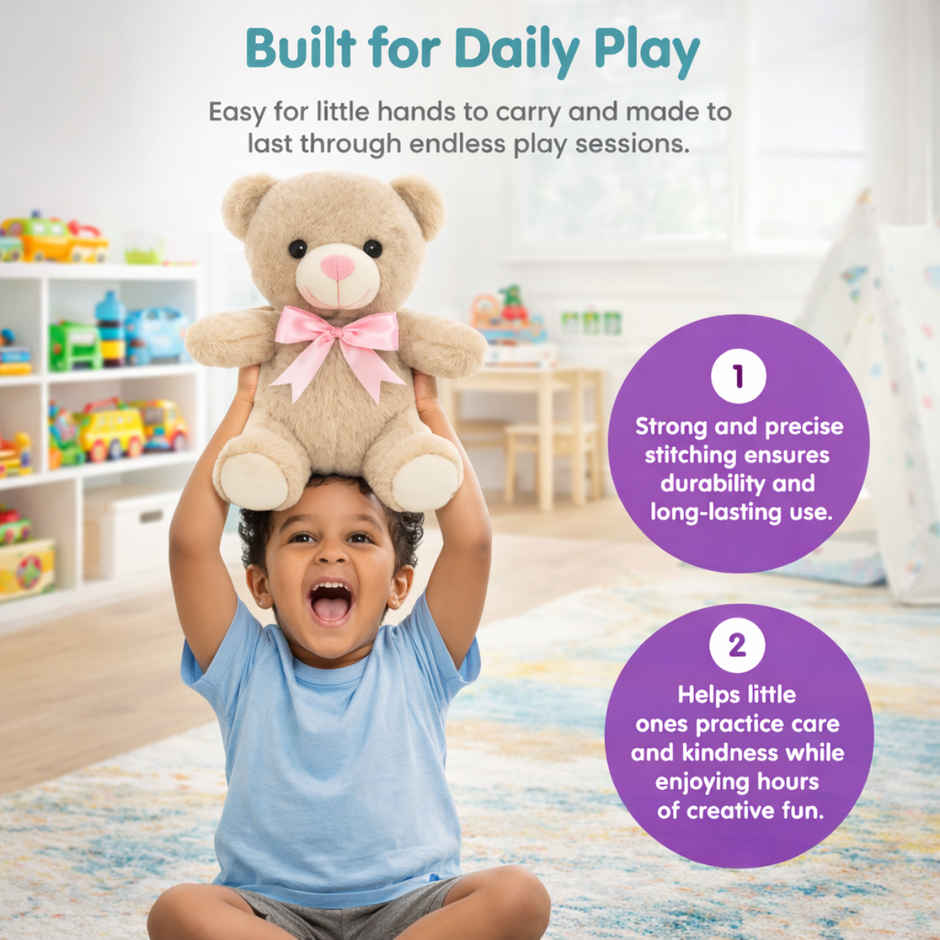 Tiramisu + Fablue Cute Beige Fur Teddy Bear with Pink Bow Plush Toy for Kids