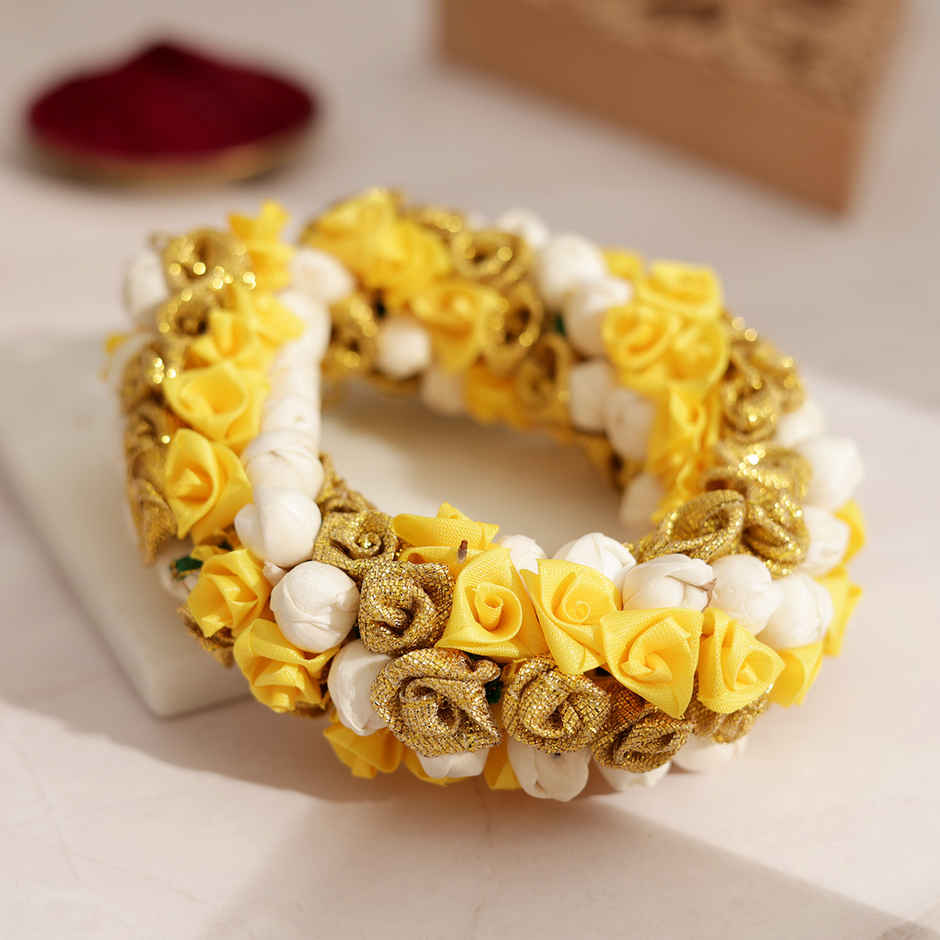Artificial Flower Gajra | Traditional Hair Accessory | Yellow & White | Oye Happy