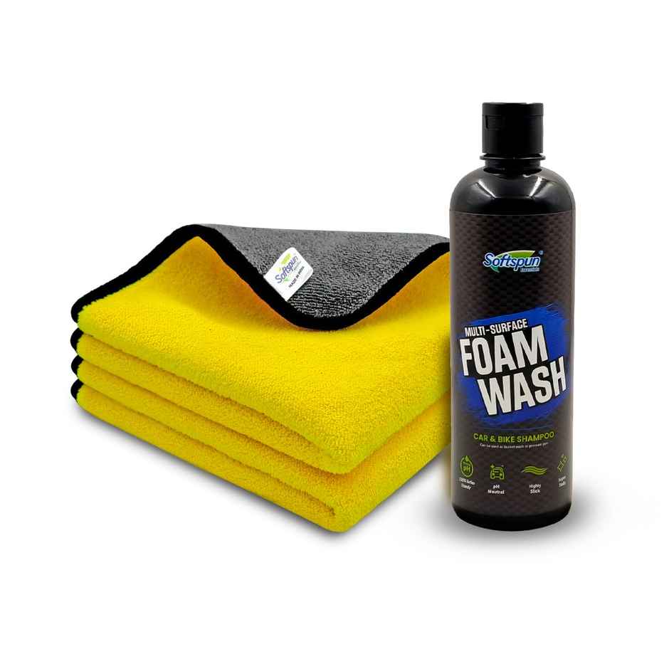 Softspun Essentials Cloth & Shampoo Cleaning Combo (40x40 cm, 400 GSM, 2pc Yellow/Grey & Shampoo 500mL)
