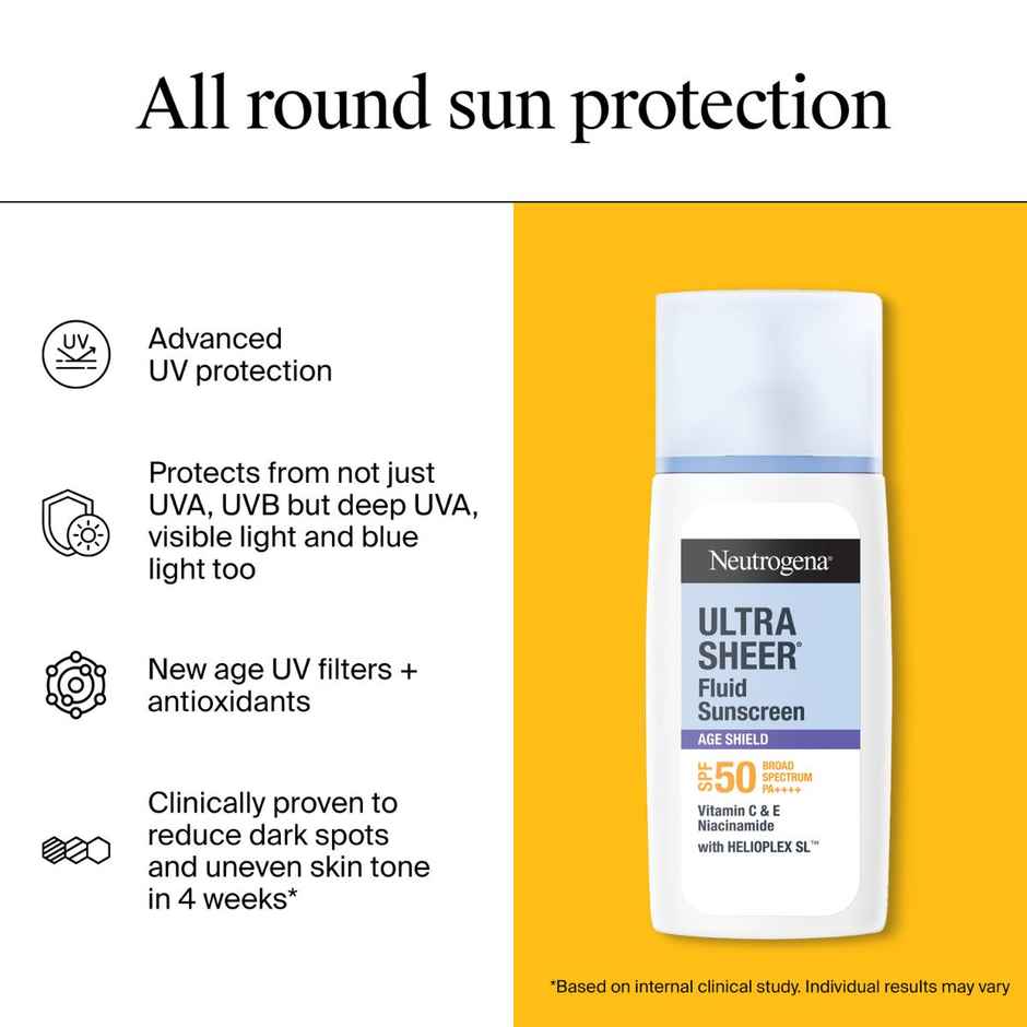 Neutrogena Ultra Sheer Age Shield Fluid Face Sunscreen SPF50+ PA++++ Hyaluronic Acid, Niacinamide Oily Skin
