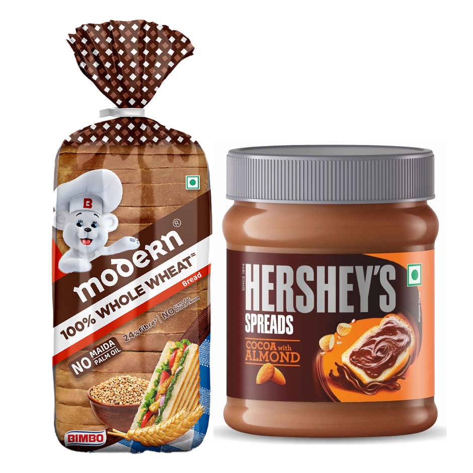 Hershey'S Spread - Cocoa With Almond Jar (150g) & Modern 100% Whole Wheat Bread (Zero Maida, No Trans Fat) (400g) Combo