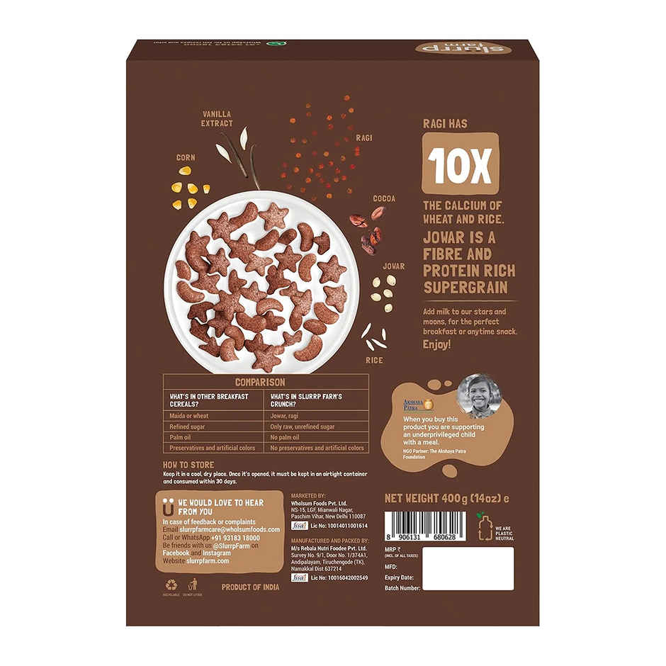 Slurrp Farm Choco Crunch Chocolate Cereal - Ragi Stars and Moons No Maida, No Refined Sugar