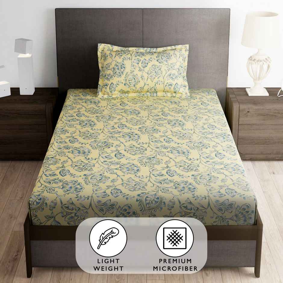 Story@Home 160 TC Microfiber Single Floral Flat Bedsheet | Cream