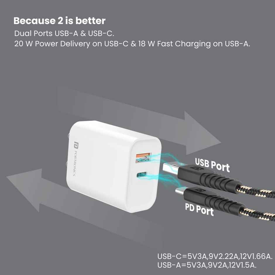Portronics Adapto 45 22.5W Max Output USB & Type-C Dual Output Super Fast Charger,Wall Adapter Power Delivery 3.0& USB A Fast Charge Adaptor for iPhone,Android & Other Type C Enabled Devices - White