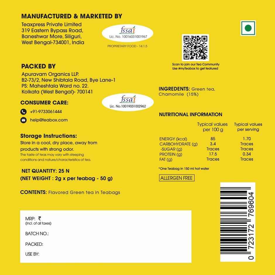 Teabox Chamomile Green Tea - Calming Sleep Tea Bags