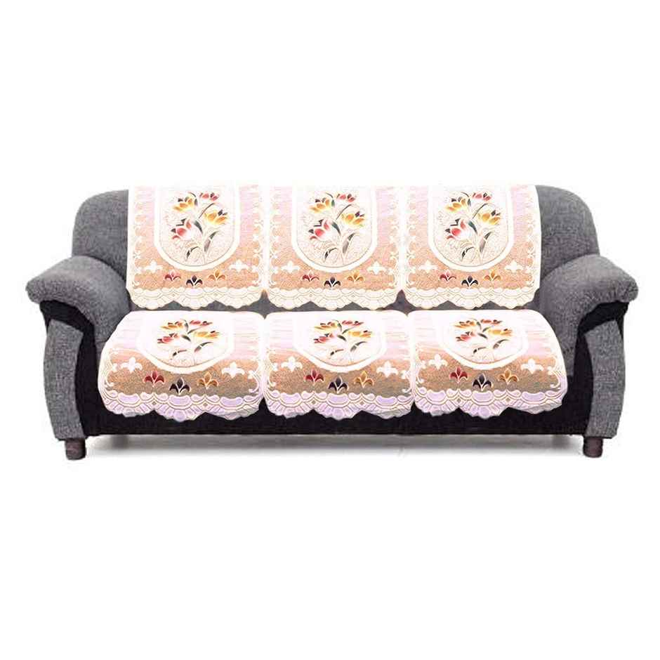 Kuber Industries Premium Cotton Flower Design Round Shape 5 Seater Sofa Cover|10 Piece (Cream)