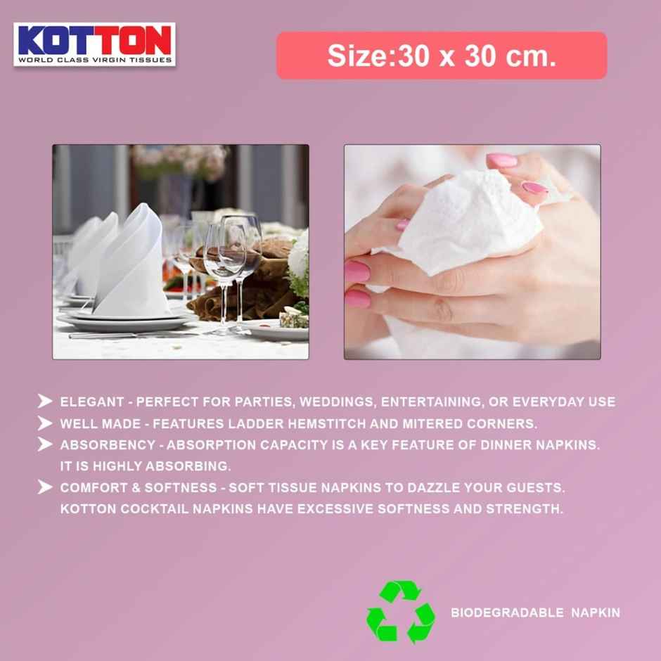 Kotton Premium Soft Napkin | 2 Ply |100% Virgin Pulp/Paper | 30 cm x 30 cm