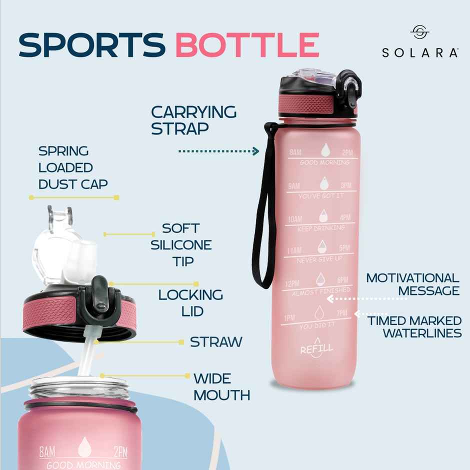 Solara Tritan Motivational Water Bottle for Travel, Office, School, Gym, Sipper Bottle | Pink | 1 L