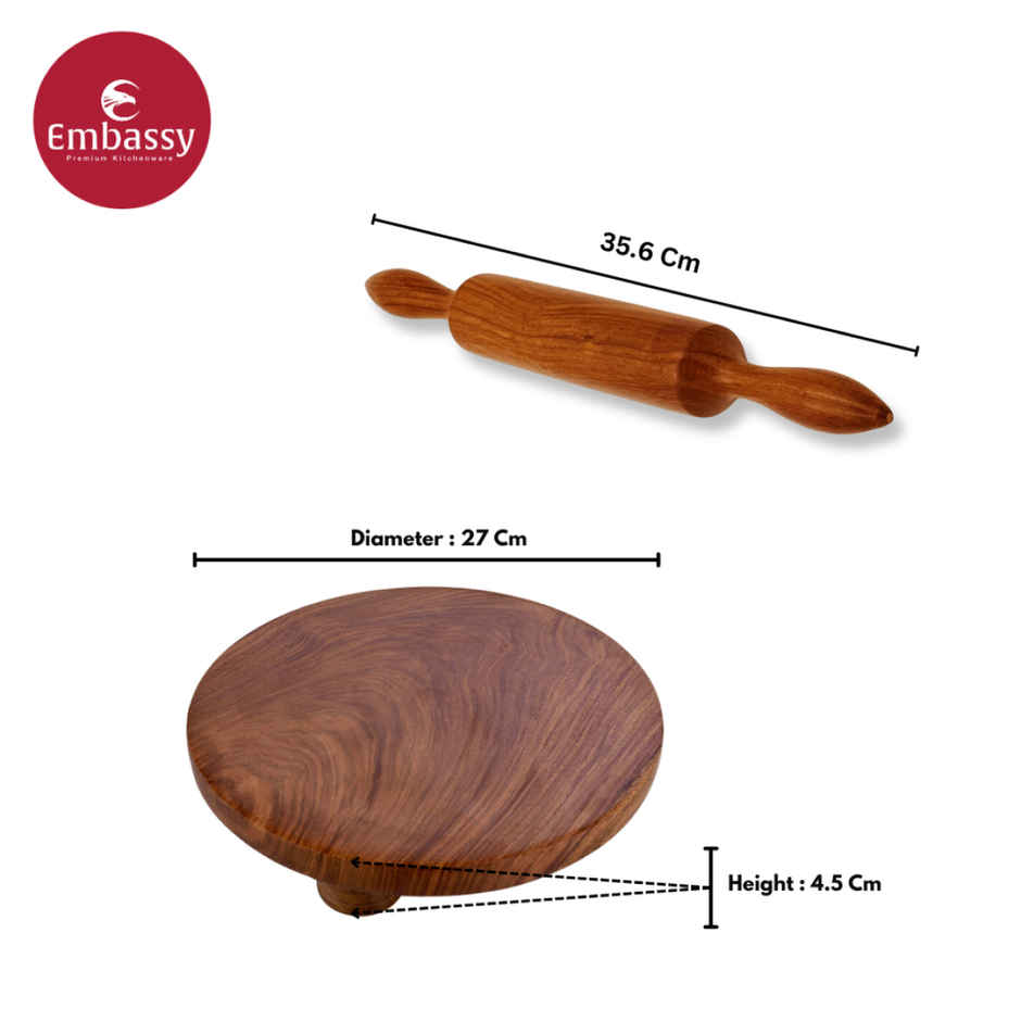 Embassy Wooden Polpat & Rolling Pin (Chakla Belan), 27 cms, Size 11, Premium Material