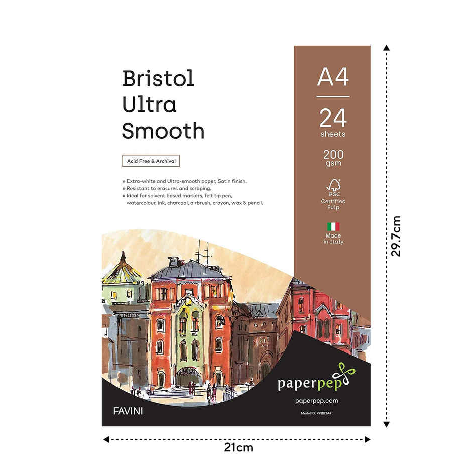 PaperPep Artists' Bristol Ultra Smooth Paper 200GSM A4 Pack of 24
