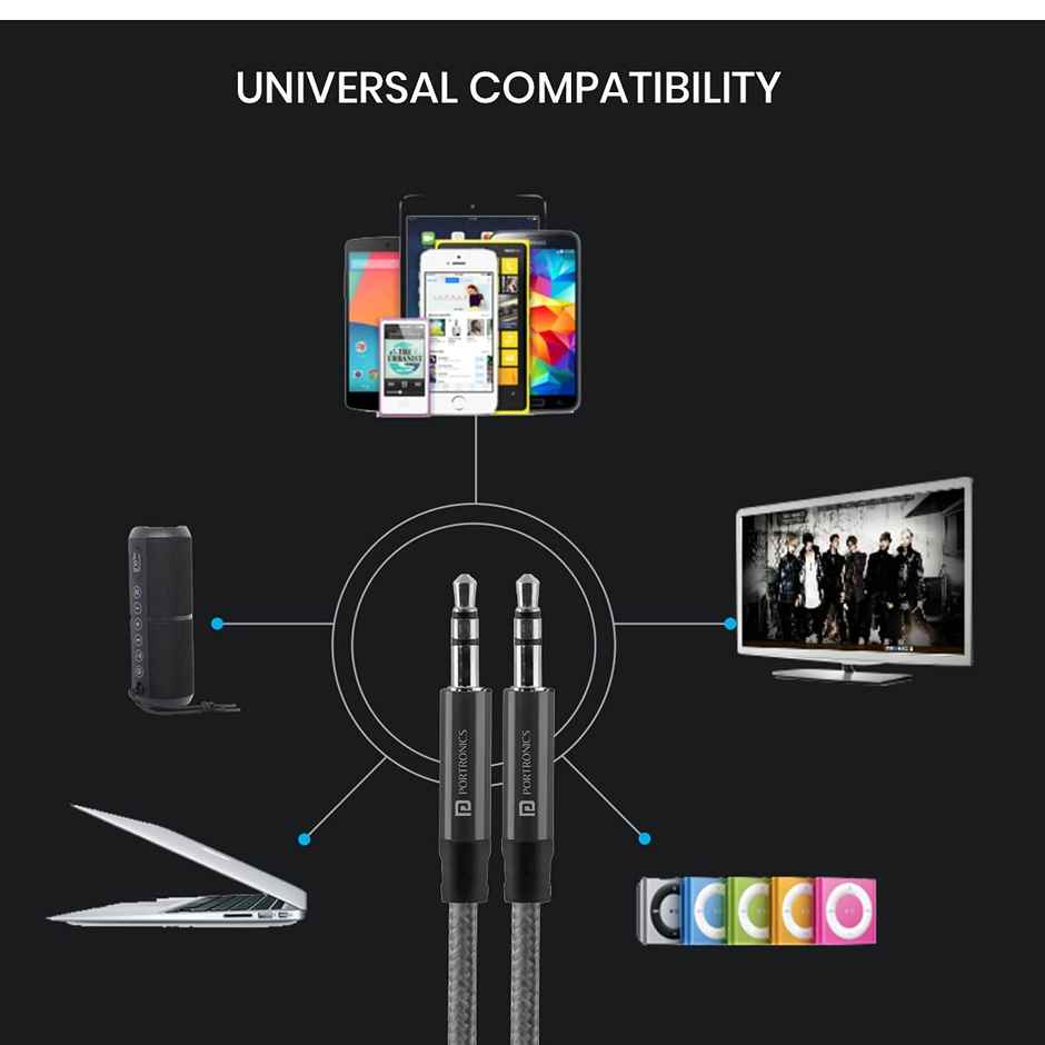 Portronics Aux 5 Stereo Audio Aux Cable 1.5m 3.5mm Metal Head Connectors, Nylon Braided with Universal Compatibility - Grey