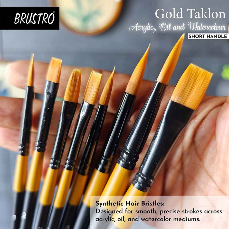 Brustro Artists Gold Taklon Short Handle Brushes | Set Of 8