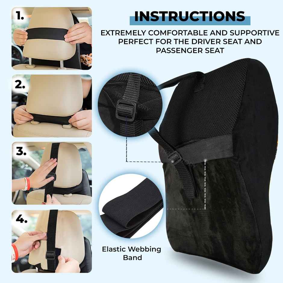 Trajectory Back Support For Chair & Car Seat, Orthopedic Lumbar Support Memory Cushion (1pc) & Trajectory Car Headrest Pillow In Memory Foam For Orthopedic | Neck Pain Pillow (1pc) Combo