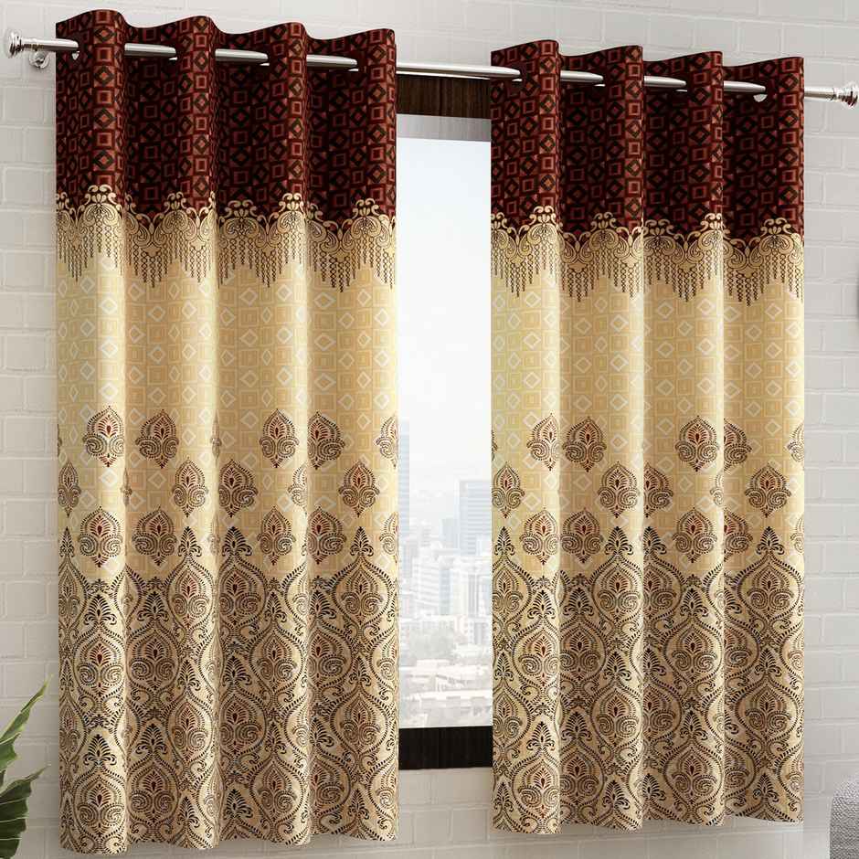 Story@Home 200 GSM Polyester Ethnic 2 Piece Window Curtain | Dark Brown & Ivory