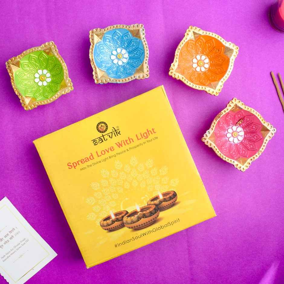 Designer Multicolor Clay Diya | Assorted Shapes | Designer Diya | 4 Pcs | Satvik