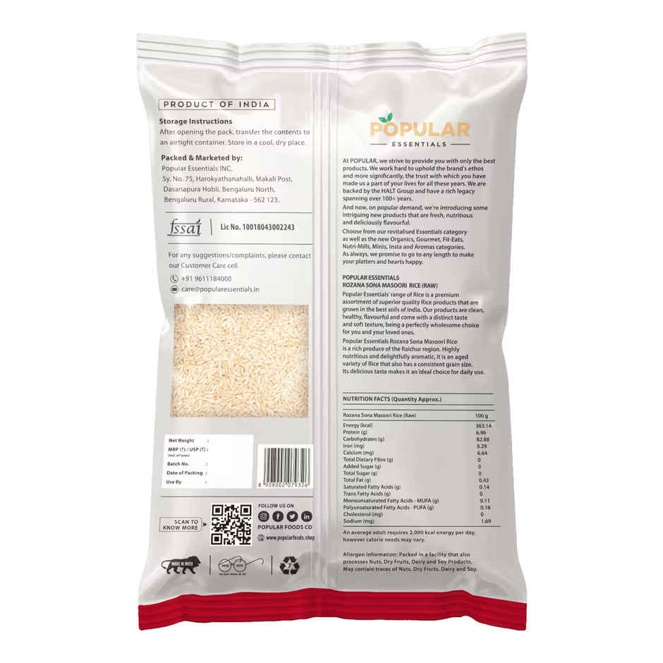 Gold Winner Refined Sunflower Oil (Pouch)(1 l), Popular Essentials Rozana Sona Masuri Raw Rice(5 kg) & Parrys White Label Sugar(1 kg) Combo