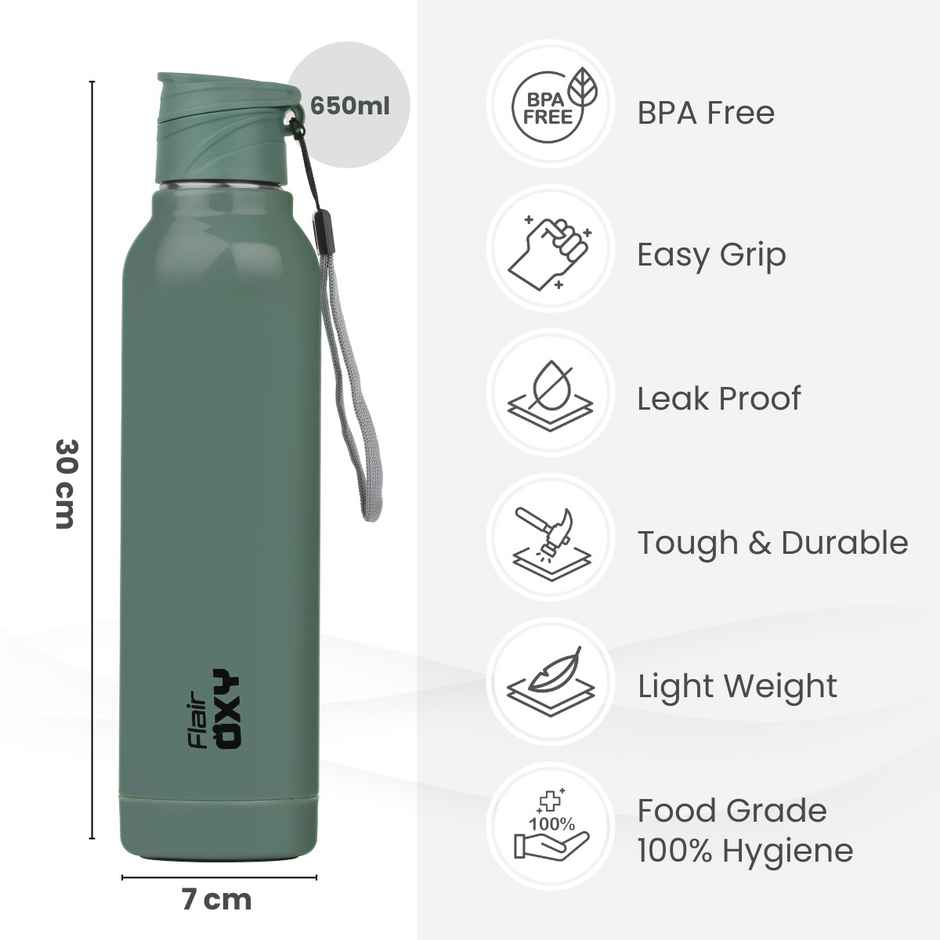 Flair Stainless Steel Oxy Inner Insulated Water Bottle | Green | 900 ml
