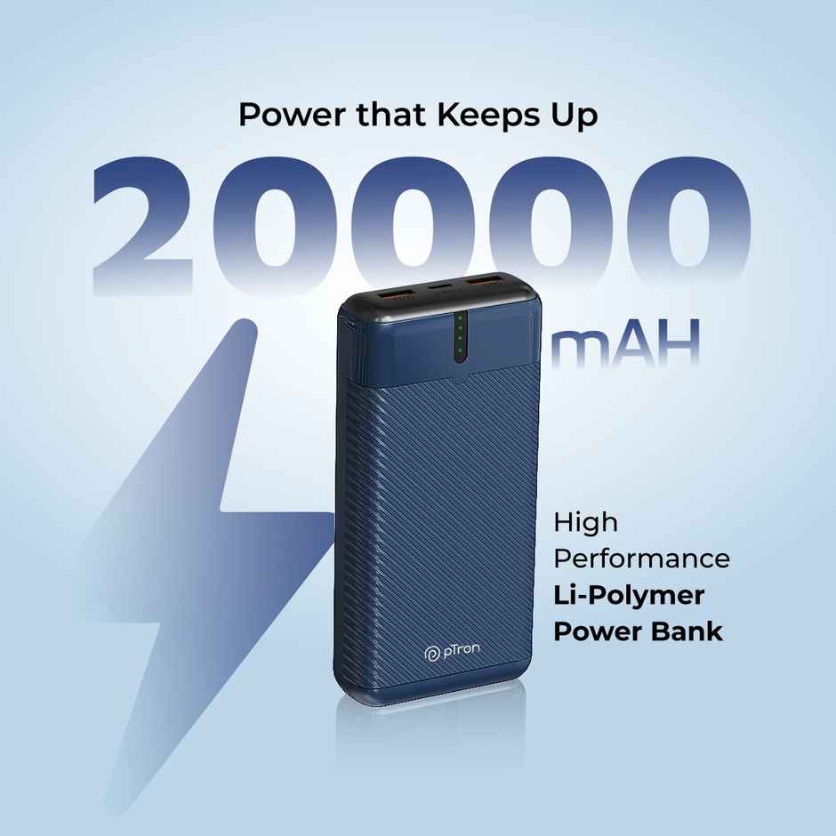 pTron Dynamo Surge 20000 mAh 22.5W Power Bank | 20W Type C/Pd Fast Charging | 3 Outputs/1 Input - Blue