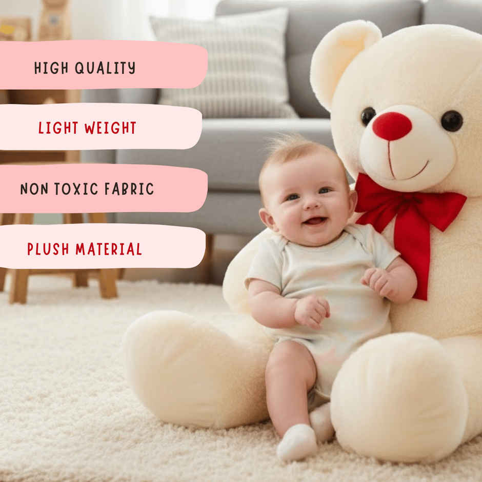 Toytales Soft Toy Cream Teddy Bear | Plush Stuffed Animal With Ribbon| Cute Toys For Girls 90 cm