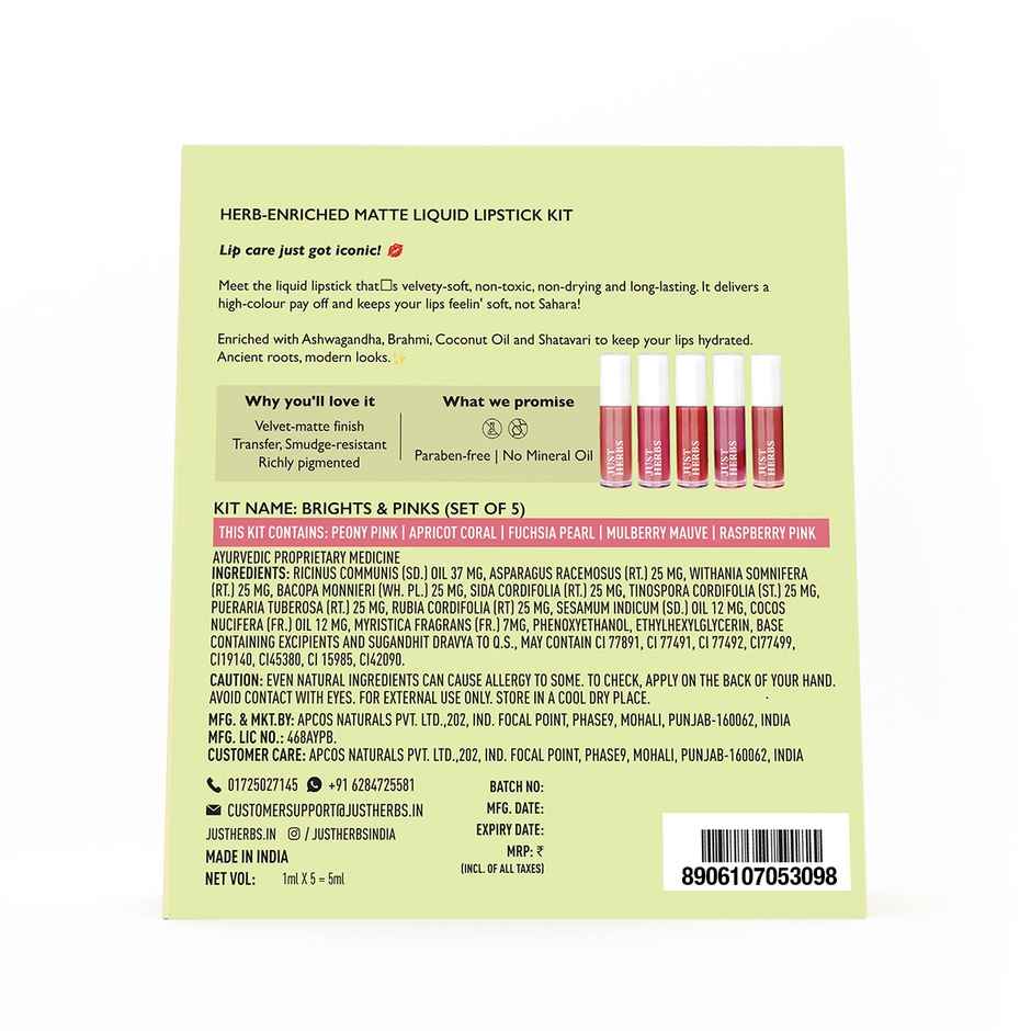 Just Herbs Enriched Liquid Lipstick Kit | 5 ml | Set Of 5