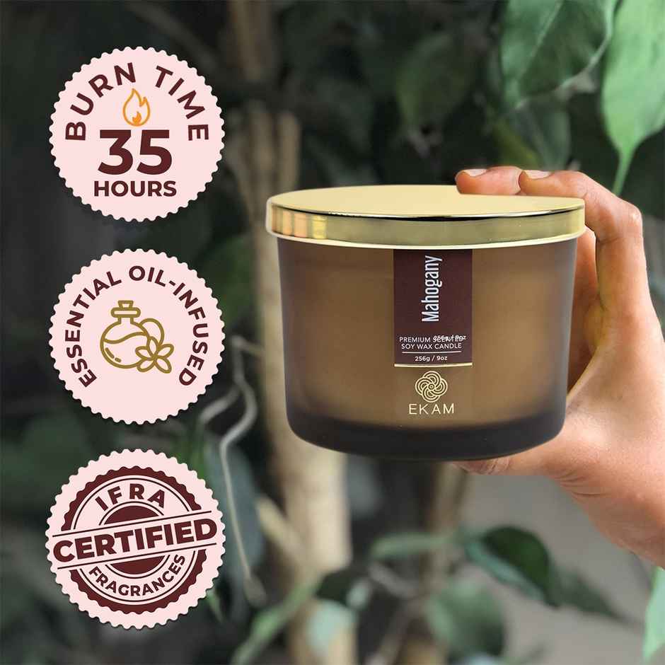 Ekam Mahogany Scented 3 Wick Soy Candle | Home Decor