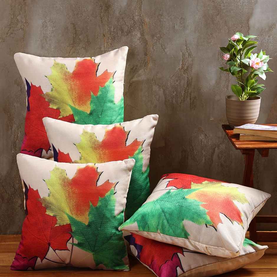 Romee Soft Polyester Jute Leaves Print Cushion Covers 16 x 16inch Set of 5 | Multicolor