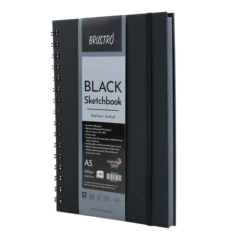 Brustro Black Sketchbook A5 200Gsm | 40 Sheets / 80 Pages | Wiro Bound