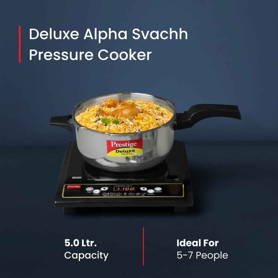 Prestige Deluxe Alpha Svachh Steel Deep Pan Pressure Cooker With Unique Deep Lid Which 5 L Silver