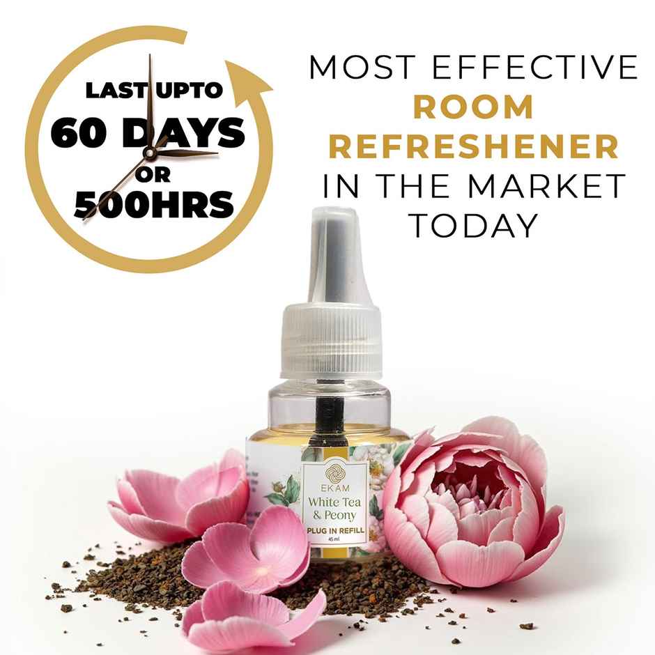 Ekam White Tea & Peony Scented Plug In Air Freshener Kit | 1 x Machine + 1 x Refill Bottle