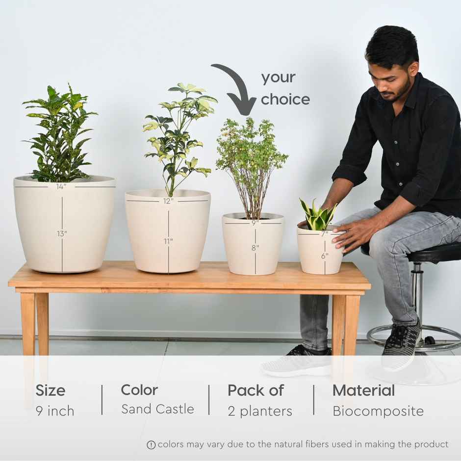 Eha Earth Friendly Deco Self-Watering Planters 9 Inch, 2pcs, Sandcastle | Bamboo Based,UV Protected