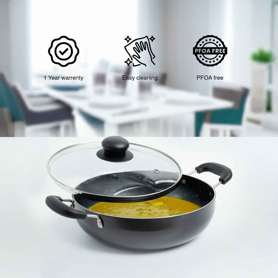 BAY6 Nonstick Kadai with Glass Lid | 26 cm - Grey