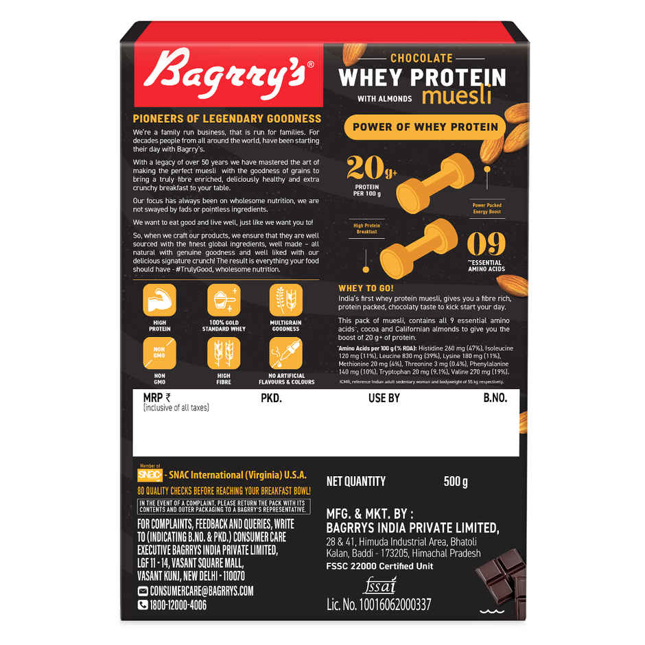Bagrry's Whey Protein Chocolate Muesli with Almonds | 20g protein | 100% Whole Oats | 500gm carton
