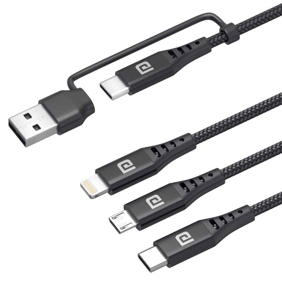 Portronics Konnect J9 3-in-1 (Type C + 8Pin + Micro USB) Cable with Changeable USB Head with 3.0 A Total Output, 1.5M Cable Length - Black