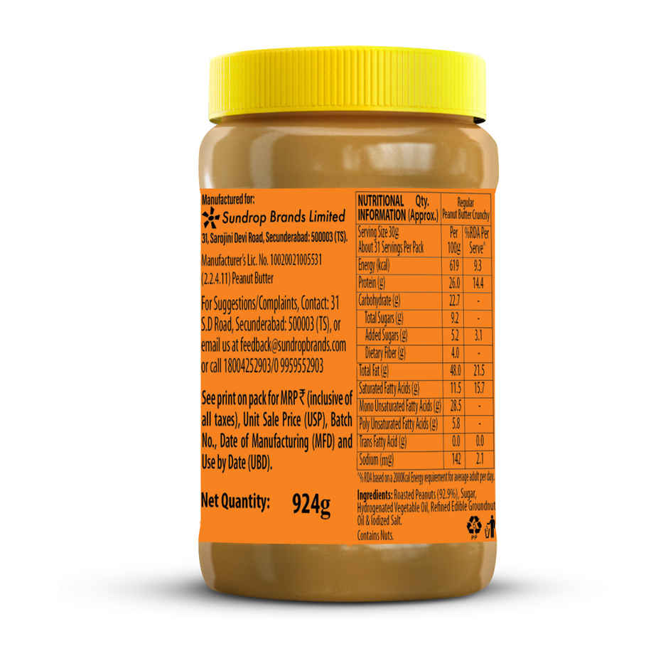 Sundrop Peanut Butter | Crunchy | With 26% Protein | Premium Roasted Peanuts | No Preservatives