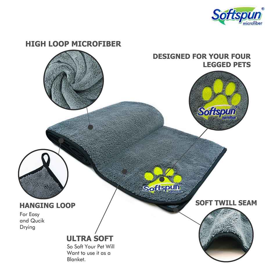 Softspun Microfiber Pet Towel (380 GSM, Medium, 60x120cm, 1pc, Grey)
