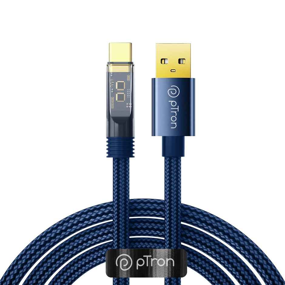 pTron Solero 65W USB to Type-C Fast Charging USB Cable Compatible with Samsung,OnePlus,Oppo,Vivo,Xiaomi,Realme & Other Type-C Devices, Unbreakable 1M Nylon Braid, 480Mbps Data Sync Speed - Blue