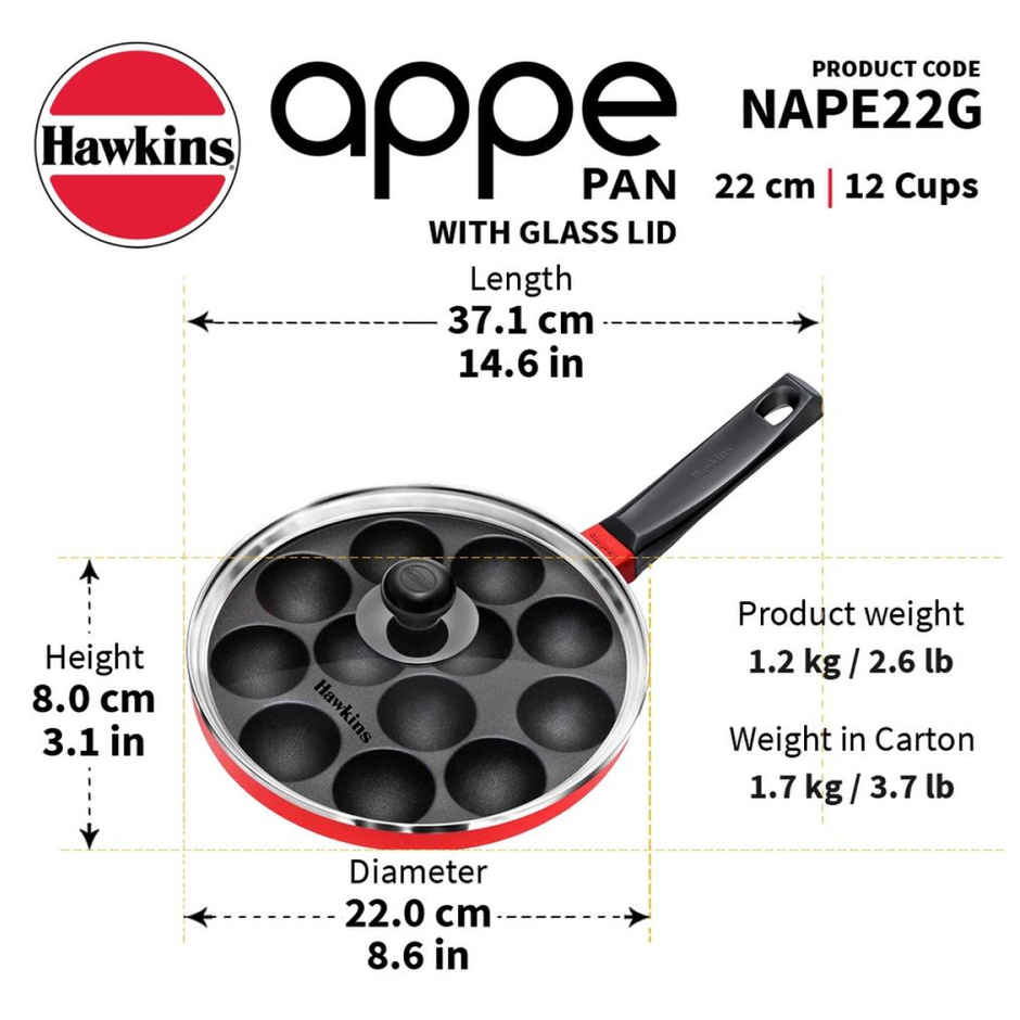 Hawkins 22 Cm Appe Pan Non Stick Paniyaram Pan With Glass Lid 12 Cups Pan - Red