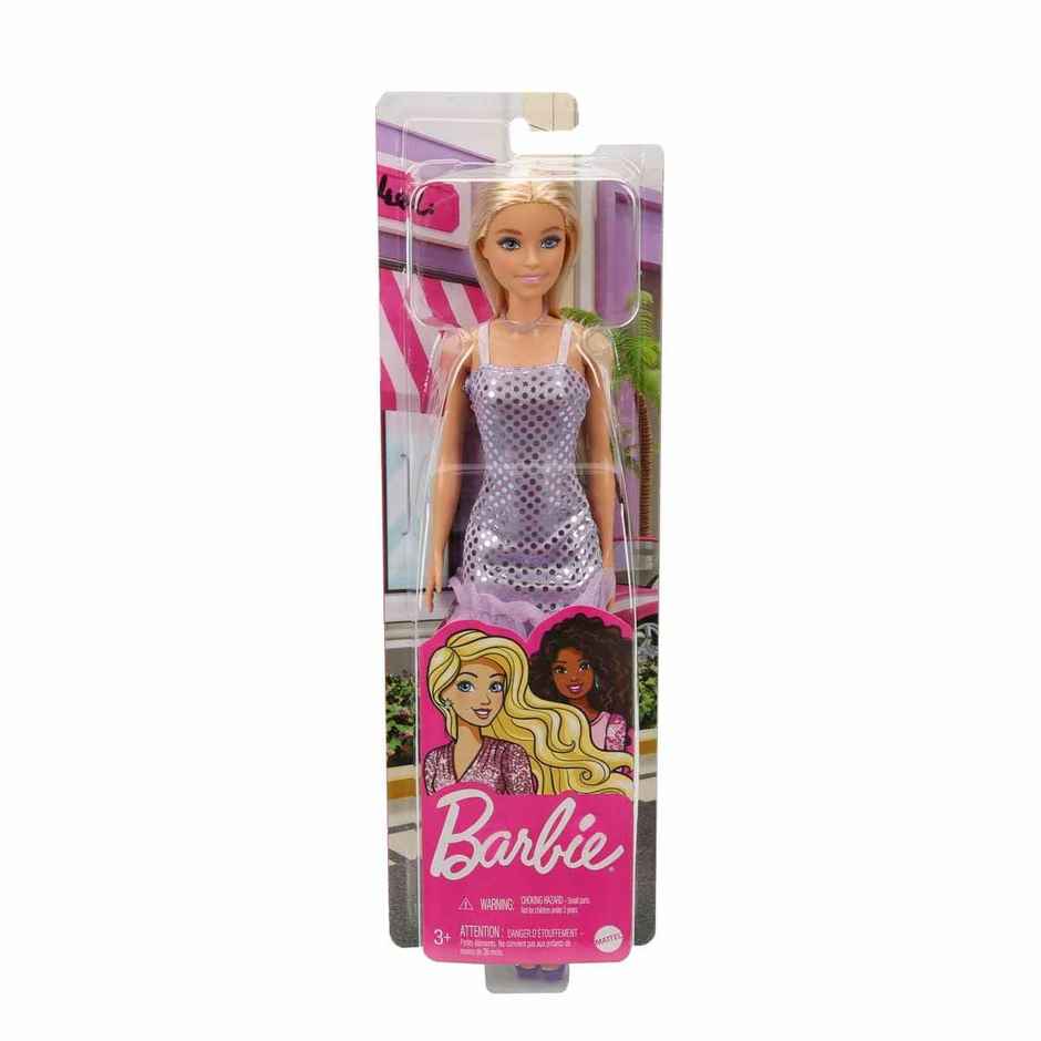 Mattel Barbie Doll Lavender Metallic Mini Dress, Trendy Clothes & Accessories,