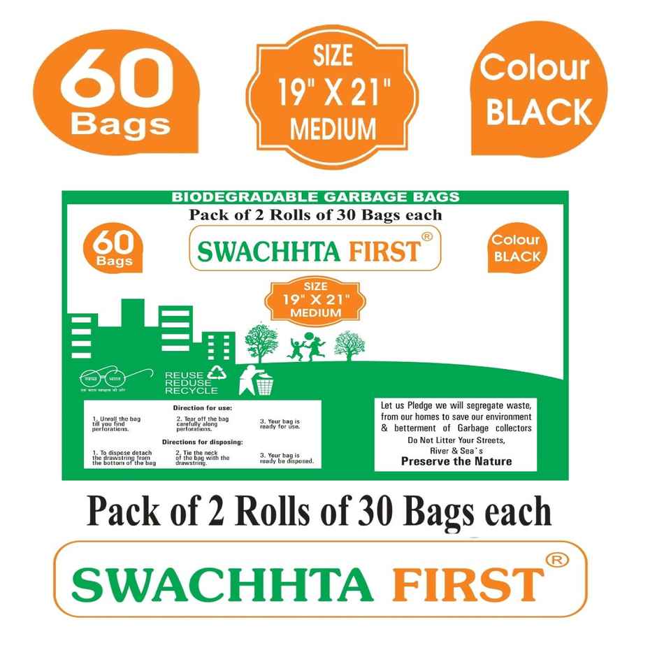 Swachhta First Bio Degradable Garbage Bags - Black Medium (19 x 21 Inches)