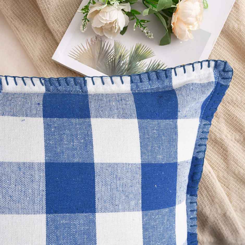 Lushomes Cotton Cushion Covers - Blue and White Checks | 24 x 24 inch | Blanket Stitch