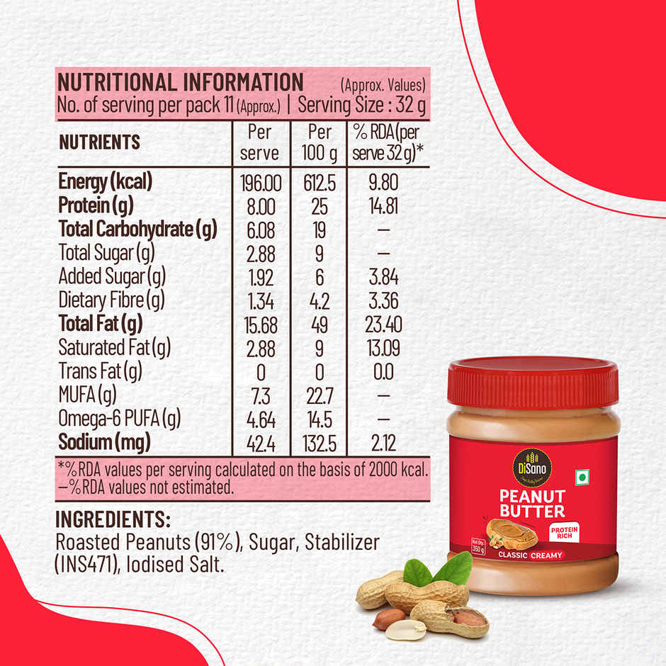 Disano Peanut Butter - Creamy, 26% Protein, No Trans Fat & Preservatives