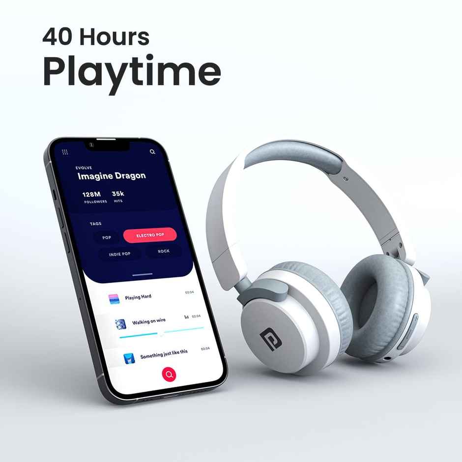 Portronics Muffs M2 Bluetooth Wireless Headphones Over Ear with Upto 40 Hrs Playtime, 40mm Dynamic Drivers, AUX 3.5mm, Powerful Bass, Laptop & PC Support,Type C Charging Port, Foldable Design - White