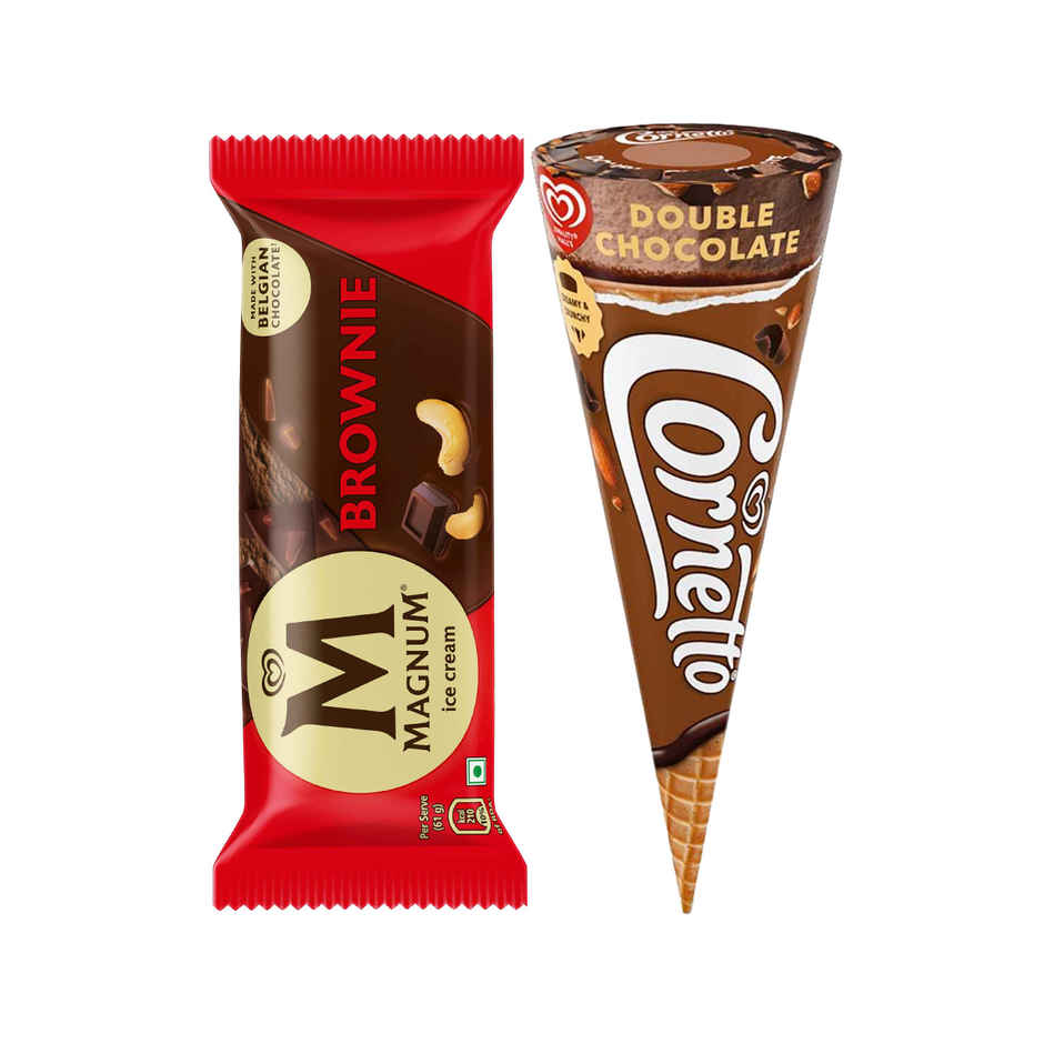 Kwality Wall'S Magnum Brownie Ice Cream Stick (61g) & Kwality Wall'S Cornetto Double Chocolate Cone (105ml) Combo