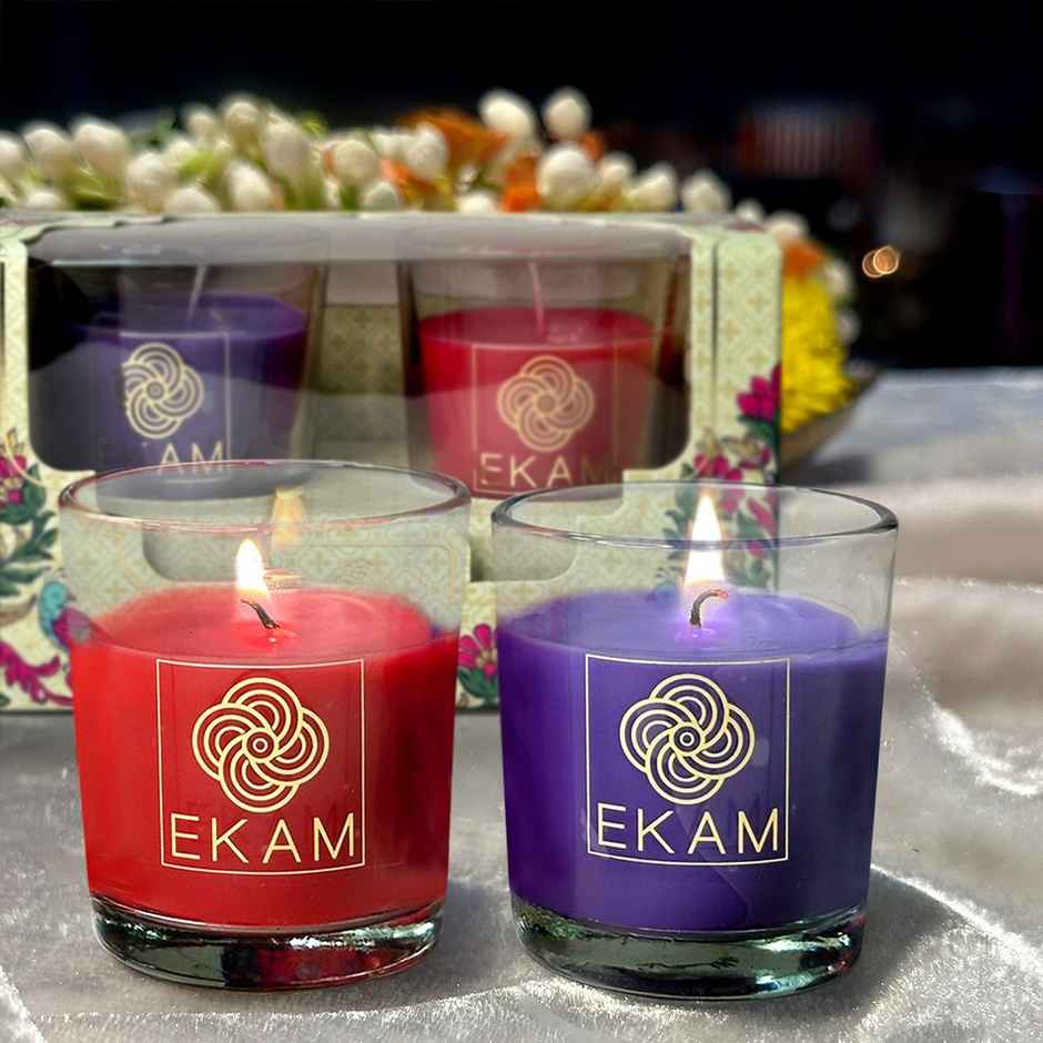 EKAM Scented Votive Candles (2 pcs) | Lavender & Sandalwood, Rose & Lily | 43g Each | 10H Burn