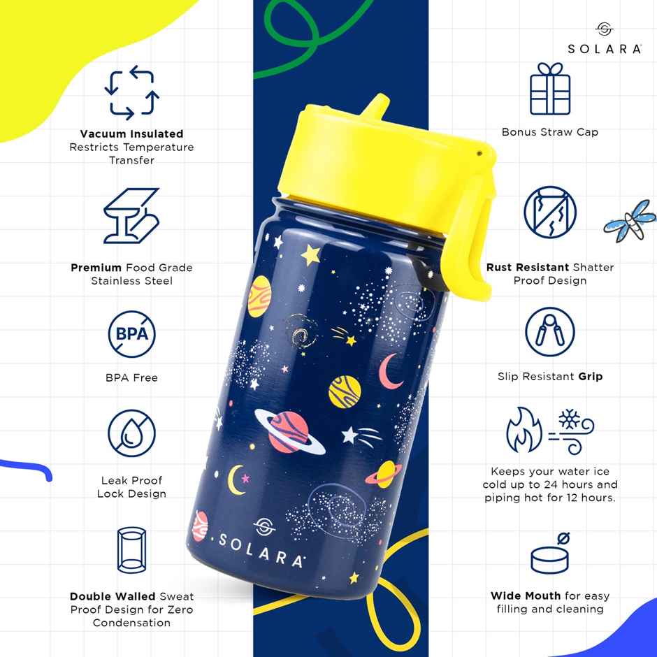 Solara 450Ml Insulated Sipper Water Bottle For Kids, Stainless Steel- Galaxy