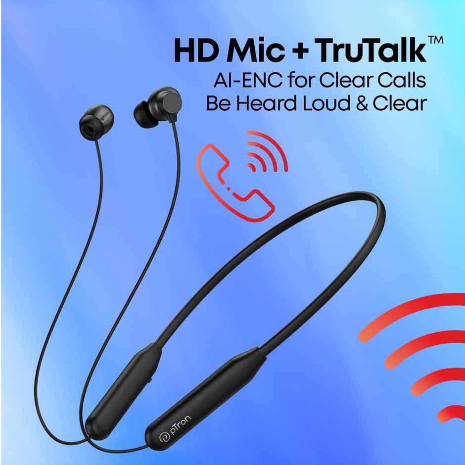 pTron Tangent Eon Bluetooth Neckband | 45H Playtime | Hd Mic | Trutalk Ai-Enc Dual Device Pairing - Black