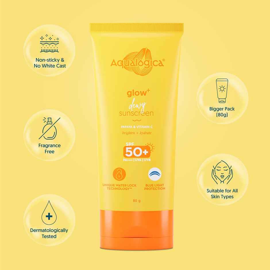 Aqualogica Glow+ Dewy Sunscreen SPF 50+ PA++++ with Anti Pollution Factor (APF) | Papaya & Vitamin C