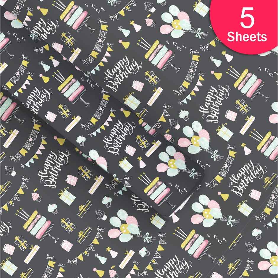 Paperpep Black Birthday Print Gift Wrapping Paper | 19 x 29 Inch | Pack Of 5 Sheets | In Roll Pack