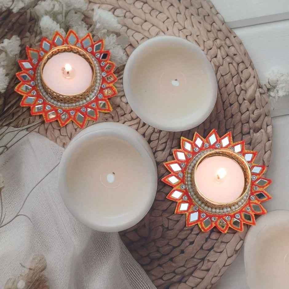 Kundan And Mirror Work Flower T-Light Holders | Pack Of 2 | Gullak